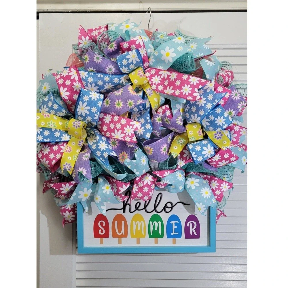 Hello Summer Popsicle Daisy Wreath Deco Mesh Ribbon Front Door Decor 24 Inch